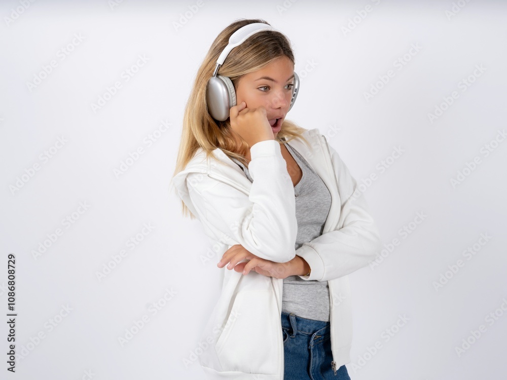 Astonished Beautiful teen girl wearing white jacket looks aside ...