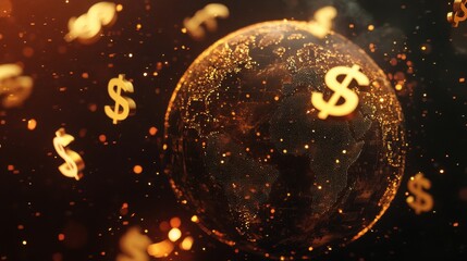 Poster - Glowing Earth Surrounded by Floating Dollar Signs, Representing Global Economy, Finance, Business, and Wealth in a Dark Background with Sparkling Effects
