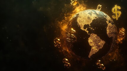 Poster - A Glowing Golden Earth Surrounded by Floating Gold Coins and Dollar Symbols Representing Wealth, Economy, and Global Trade in a Dark Atmospheric Background