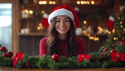 A cheerful woman wearing a Santa hat smiles amidst festive decorations, embodying the holiday spirit in a warm, cozy setting.