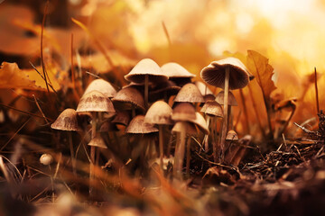 Poster - Mushroom caps amid a pile of brown leaves on the forest floor on a fall day in Germany.