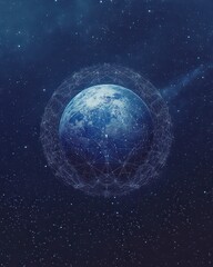 Poster - Stunning Digital Representation of Earth Surrounded by a Connective Network of Lines and Shapes Against a Mystical Starry Space Background