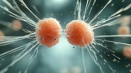 Poster - Detailed Illustration of Cancer Cells Undergoing Division, Highlighting Their Unique Structures and Biophysical Characteristics in a Dynamic and Colorful Setting