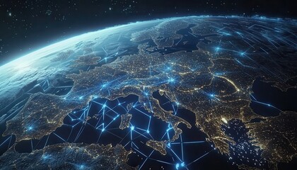 Poster - Stunning Aerial View of Europe at Night with Network Connections Illustrating Global Communication and Technological Advancements in a Modern Landscape