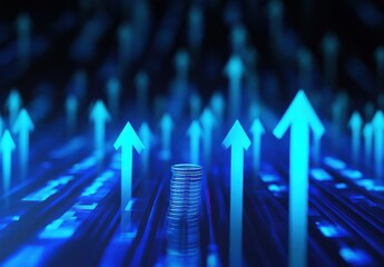Poster - Digital Currency Growth Concept with Blue Arrows and Stacked Coins Representing Financial Progress and Investment Strategy in Modern Economy