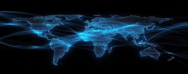 Poster - Digital World Map with Blue Light Trails Illustrating Global Connectivity and Network Relationships in a Futuristic Style