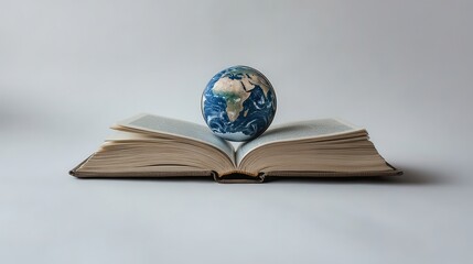 Poster - A Globe Resting on an Open Book Symbolizing Knowledge, Exploration, and Global Understanding in a Minimalistic Setting for Education and Travel Themes
