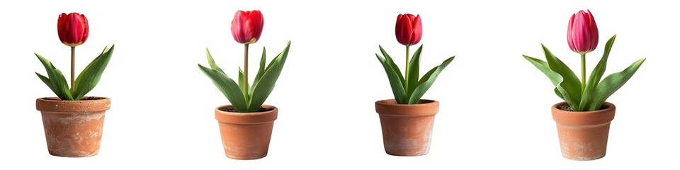 Wall Mural - Beautiful Fresh Spring Red Tulip Flower in Traditional Clay Pots Isolated