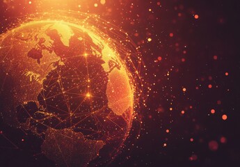 Poster - Futuristic Digital Globe Illustration with Connecting Lines and Red Particle Background Representing Global Data Connectivity and Technology Innovation
