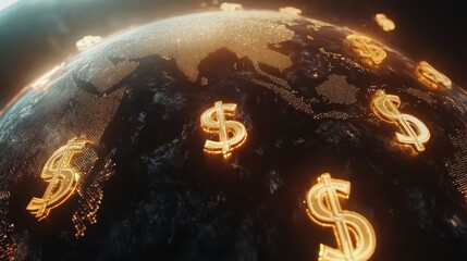 Poster - digital representation of global economy with golden dollar signs floating above earth, highlighting