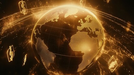 Poster - Golden Globe Representation of the Earth with Financial Symbols, Illustrating Global Economy, Connection, and Digital Currency in a Futuristic Style
