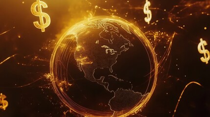 Poster - Golden Earth with Dollar Signs Representing Global Economy and Financial Growth, Symbolizing Wealth, Prosperity, and International Trade in a Digital Age