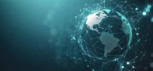 Poster - Modern Digital Globe with Network Connections Representing Global Communication and Data Exchange Over Blue Background in High-Tech Style
