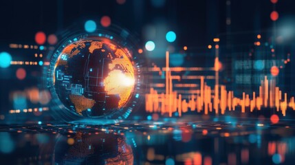 Poster - Futuristic Digital Globe with Data Visualization Elements and Abstract Light Effects Illustrating Global Connectivity and Technology Innovation