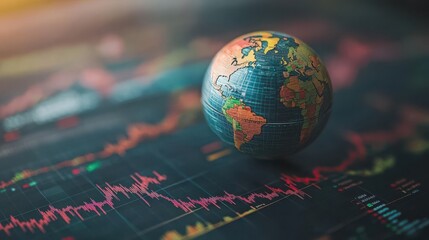 Poster - A Colorful World Globe on a Dark Background with Financial Charts Illustrating Global Economic Trends and Data Analysis