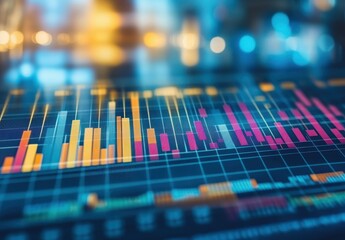 Aufkleber - Colorful Bar Graphs Overlaid on a Digital Screen with Bokeh Background for Economic Analysis and Data Visualization Concepts