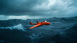 © Solo Leveling - An orange drone navigates turbulent ocean waves under a stormy sky, showcasing advanced technology for marine exploration or monitoring.