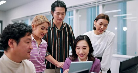 Aufkleber - Japanese man, group and tablet in office with discussion, reading and happy with project at startup. Business people, leader and team with report, progress and excited for proposal at creative agency