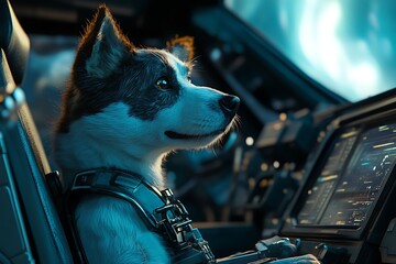 Wall Mural - a dog in a space cockpit, equipped with a harness, gazing at control panels.