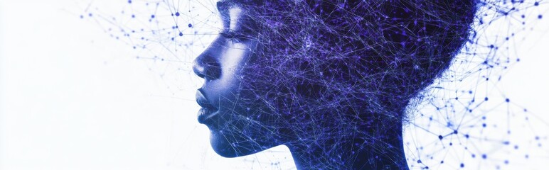 Poster - Abstract representation of human creativity and technology with a profile silhouette filled with network connections and digital patterns against a glowing background