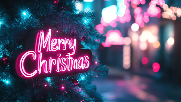 Close-up of a neon sign with the text Merry Christmas on a Christmas tree, with a blurred background