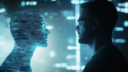 Poster - Futuristic Interaction Between Human and Digital Identity in a Virtual Environment Showcasing the Concept of Technology Merging with Humanity and Artificial Intelligence