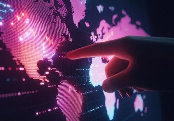 Poster - Interactive digital map projection showcasing vibrant colors with a human finger pointing to geographical locations, emphasizing technology and connectivity in a modern world