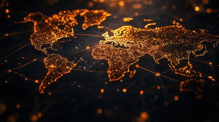 Poster - Stunning Glow of a World Map Rendered in Sparkling Golden Lights, Depicting International Connections and Global Data Flow in a Digital Era