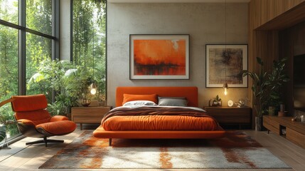 Poster - Highly detailed 3D mid-century modern bedroom with bold colors, walnut furniture, and vintage decor