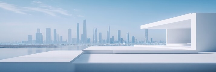 Futuristic Minimalist White Architectural Space Platform Overlooking a Vibrant City Skyline, Perfect for Abstract Marketing Backgrounds, Featuring Innovative Design Elements, Ideal for AI-Generated Wa