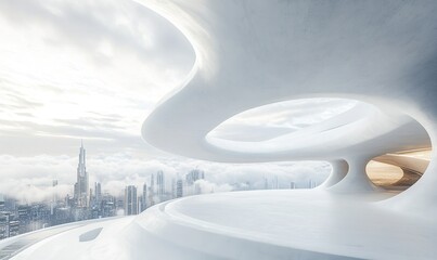 Futuristic Minimalist White Architectural Space Platform Overlooking a Vibrant City Skyline, Perfect for Abstract Marketing Backgrounds, Featuring Innovative Design Elements, Ideal for AI-Generated Wa