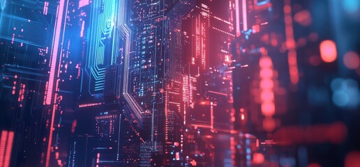 Poster - Futuristic Digital Cityscape with Glowing Neon Lights and Abstract Circuit Patterns Creating a High-Tech Feel for Cyberpunk or Technology Themes