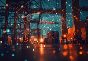 Poster - Futuristic Warehouse with Global Connectivity Concept, Technology Integration in Logistics Operations, Night Scene with Digital Overlay, Shipping Containers and Cargo Handling