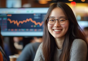 Poster - Smiling young woman with glasses in a modern office setting, showcasing financial data on a screen, representing success, happiness, and professionalism in the workplace.