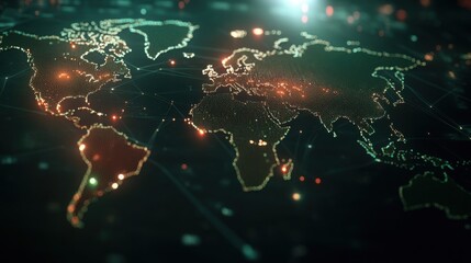 Poster - Abstract Digital World Map with Connected Dots and Glowing Lines Representing Data Flow and Global Communication Networks in a High-Tech Environment