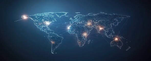 Poster - Futuristic Digital World Map with Glowing Nodes and Connections Representing Global Networking and Communication in a High-Tech Environment