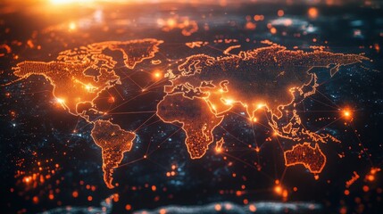 Poster - Stunning Digital World Map with Glowing Connections and Data Points Illuminating the Globe, Perfect for Technology and Science Themes