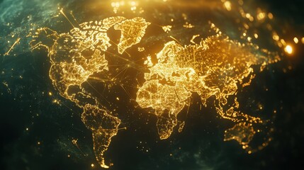 Poster - Detailed Digital Representation of a Glowing World Map Highlighting Global Connectivity with Light Emitting Points and Luminous Networks Across Continents