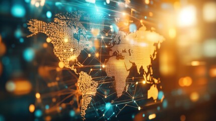 Poster - Detailed Digital World Map with Network Connections and Glowing Elements Depicting Global Communication, Technology, and Data Flow in a High-Tech Environment