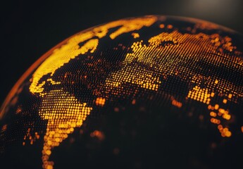 Poster - Detailed View of a Glowing World Map with Geometric Dots Representing Global Connectivity and Vibrant Energy in a Dark Background Setting