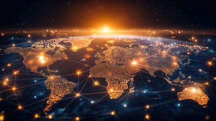 Poster - A Stunning Digital Representation of a Glowing World Map at Sunrise, Showcasing Network Connections, Cities, and Global Interconnectivity with a Beautiful Light Effect