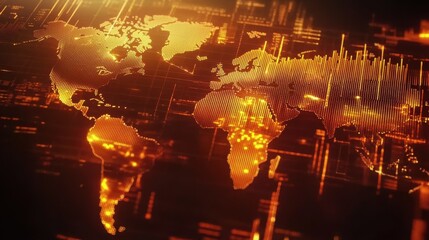 Poster - Abstract World Map in Orange and Gold with Glowing Effects and Digital Data Elements Representing Global Connectivity and Technology Trends