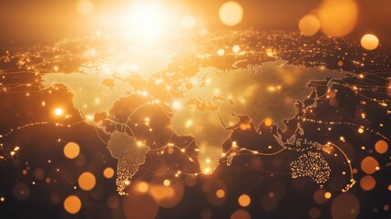 Poster - Golden Abstract World Map with Lights and Glowing Particles Representing Global Connections and Network Concept in a Dim Background