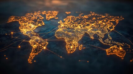 Poster - Illuminated World Map with Connected Cities and Networks Depicting Global Communication, Technology, and Urban Expansion through Bright Dots and Lines