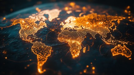 Poster - Stunning Global Network Visualization with Bright Golden Lights Highlighting Major Cities on a Dark Background, Representing Technology and Connectivity Worldwide