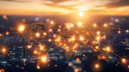 Poster - Stunning Global Network Connection Map With Bright Lights Against the Sunset Sky, Illustrating Technology and Communication in the Modern World