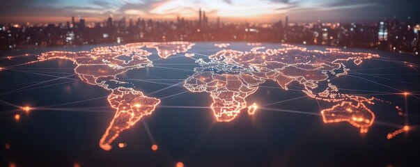 Poster - Detailed Global Network Map Visualization Highlighting Connection Points and Urban Landscapes at Dusk with Illuminated City Lights Beneath a Vibrant Sky
