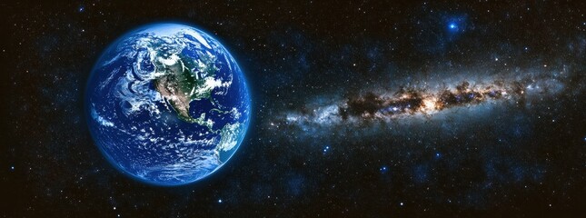 Wall Mural - Stunning View of Earth Surrounded by Stars and Galaxies in the Vastness of Space, Capturing the Beauty of Our Planet within the Cosmic Landscape