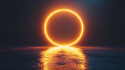 Wall Mural - a glowing orange circle shape in the dark, reflecting on a wet surface.