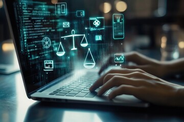 the digital figure of justice scales floating over the hands typing on a computer keyboard.